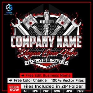 May include: A graphic design for a company logo, featuring a central spark plug, two pistons, and wrenches. The design includes the text "COMPANY NAME" and "Slogan Goes Here", along with a phone number. The logo is set against a black background with red accents.