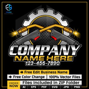 May include: A logo design featuring crossed welding torches with sparks, a gear, and the text "COMPANY NAME HERE" with a phone number. The design includes the text "Free Edit Business Name" and "Free Color Change".
