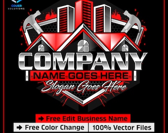 May include: A silver and red logo design for a construction company. The logo features a stylized image of a house with a hammer and nails. The text "COMPANY NAME GOES HERE" and "Slogan Goes Here" is included in the logo.