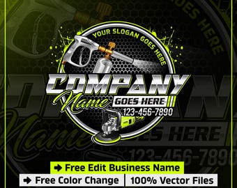May include: A logo design featuring a pressure washer and a buffer, with the text "COMPANY Name GOES HERE" and a phone number. The design includes the text "YOUR SLOGAN GOES HERE" in a circular banner. The logo also includes the text "Free Edit Business Name", "Free Color Change", and "100% Vector Files".