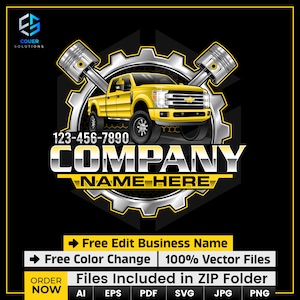 May include: A yellow pickup truck graphic with pistons and a gear design. The logo includes the phone number 123-456-7890 and the text "COMPANY NAME HERE". Additional text includes "Free Edit Business Name" and "Free Color Change".