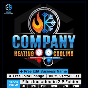 Puede incluir: Un logotipo de empresa con la palabra "COMPANY" en letras degradadas azules. El logotipo presenta un diseño de llama y copo de nieve, con medidores para calefacción y refrigeración. El texto incluye "Free Edit Business Name" y "Free Color Change."