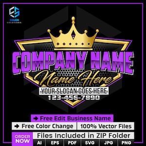 May include: A logo design with a gold crown above a purple and gold shield shape. The text "COMPANY NAME" is in purple, with "Name Here" and "YOUR SLOGAN GOES HERE" below. Includes a phone number and text about free edits and vector files.