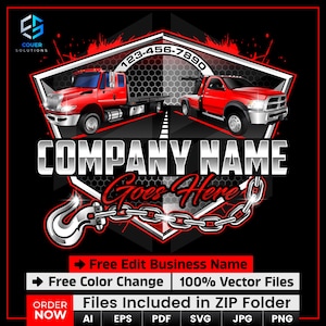 Puede incluir: Un gráfico de grúa rojo con el texto "COMPANY NAME Goes Here" y un número de teléfono. El diseño incluye una grúa, un camión de plataforma y un gancho de remolque con una cadena. El gráfico también incluye el texto "Free Edit Business Name".