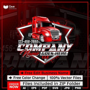 Pode incluir: Gráfico de um camião vermelho com o texto "COMPANY Name GOES HERE LLC" e um número de telefone. O design inclui uma forma de estrela e as palavras "Free Edit Business Name", "Free Color Change" e "100% Vector Files".