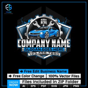 May include: A blue and silver automotive logo with a sports car, wrenches, and a piston. The logo includes the text "COMPANY NAME", "SLOGAN GOES HERE", and a phone number. The logo also includes the text "Free Edit Business Name", "Free Color Change", and "100% Vector Files".