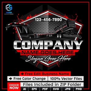Pode incluir: Um logotipo de empresa preto e vermelho com um caminhão basculante com o texto "COMPANY", "NAME GOES HERE" e "Slogan Goes Here". O logotipo também inclui o número de telefone "123-456-7890".