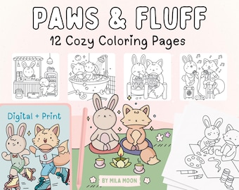 Könnte beinhalten: Illustration mit dem Text "PAWS & FLUFF" und "12 Cozy Coloring Pages". Das Bild zeigt verschiedene Schwarz-Weiß-Strichzeichnungen eines Hasen und eines Fuchses in verschiedenen gemütlichen Szenen. Eine digitale und Druckoption ist ebenfalls verfügbar.