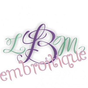May include: A logo for a business called "L.B.m. embroitique" with the letters in a cursive font. The "L" is green, the "B" is purple, the "m" is green, and the word "embroitique" is pink.