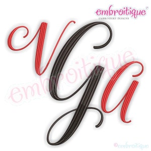 May include: Embroidered letters "V" and "G" in a cursive font. The "V" is red and the "G" is black.