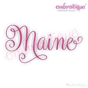 May include: Embroidered cursive font design of the name "Maine" in pink.