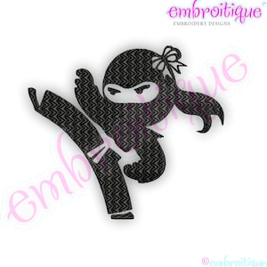 May include: Black and white silhouette of a girl in a ninja pose, wearing a mask and a headband with a bow. The image is stylized with a zig-zag pattern.
