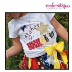 May include: A white t-shirt with a yellow star and the text "Yahoo Week Aloha" embroidered on it. The shirt is tied with a yellow ribbon.