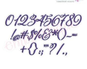May include: Purple embroidered font with numbers 0-9, punctuation marks, and symbols. The font is cursive and has a whimsical style.