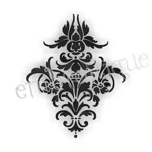 May include: Black and white damask pattern stencil. The design features intricate floral and scrollwork details.