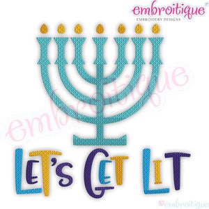 May include: A blue menorah with seven candles and the text "Let's Get Lit" in yellow, purple, and blue.