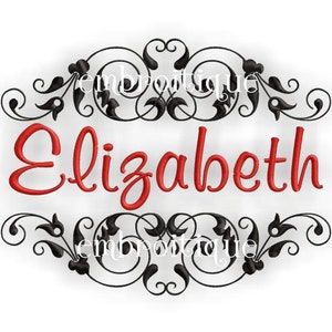 Puede incluir: Diseño de volutas ornamentadas en blanco y negro con el nombre "Elizabeth" en letras cursivas rojas.