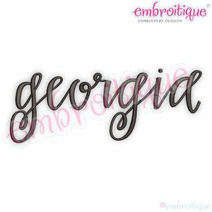 May include: A cursive font embroidery design of the name "Georgia".