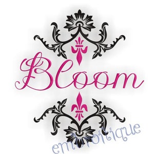 Puede incluir: Diseño floral en blanco y negro con un texto rosa "Bloom" superpuesto. El diseño presenta dos flores de lis y un texto "bordado" en la parte inferior.