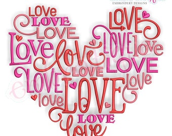 Love Word Jumble Heart - Love Valentine Wedding Marriage Husband Wife  -  Instant Download Machine Embroidery Design