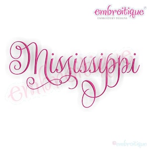 Op de afbeelding: Borduurwerk van het woord "Mississippi" in een roze cursief lettertype.