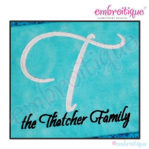 May include: White embroidered letter T on a turquoise background with the text "the Thatcher Family" in black embroidery below.