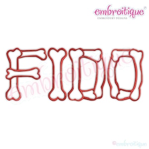 May include: Embroidered design of the word "FIDO" in red, made to look like bones.