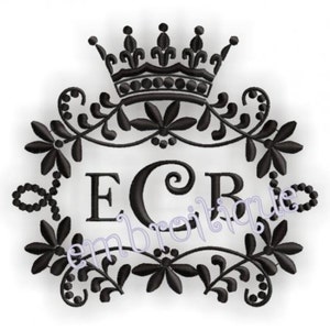 May include: Black and white monogram with the letters "E C B" in a decorative frame with a crown at the top. The frame is made of stylized leaves and vines.