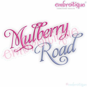 May include: Embroidered design of the words "Mulberry Road" in pink and purple script.