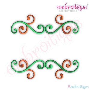 May include: A digital embroidery design featuring two rows of green and orange swirls. The design is perfect for adding a decorative touch to any project.