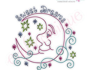 Swirly Moon with Stars Sweet Dreams - Instant Download -Digital Machine Embroidery Design