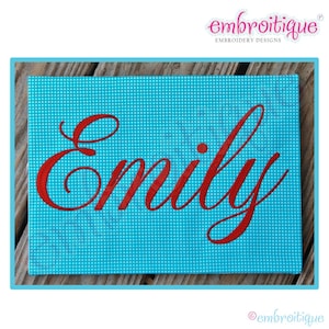 May include: A turquoise blue background with white polka dots and the name "Emily" written in red cursive font.