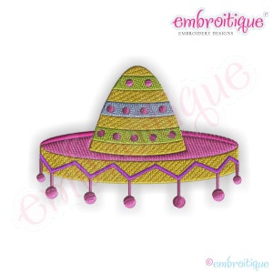 May include: A yellow and pink sombrero with a purple trim and pink pom-poms.