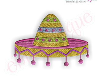 May include: A yellow and pink sombrero with a purple trim and pink pom-poms.