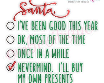 Santa Checklist- Naughty or Nice - Funny Christmas Holiday Design  - Instant Download Machine Embroidery Design