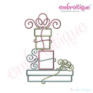 May include: A stack of three gift boxes with decorative bows and swirls. The boxes are green, pink, and blue. The top box has a large bow with swirls.