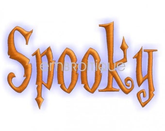 Może przedstawiać: Pomarańczowy haft z tekstem "Spooky" w stylu gotyckim.
