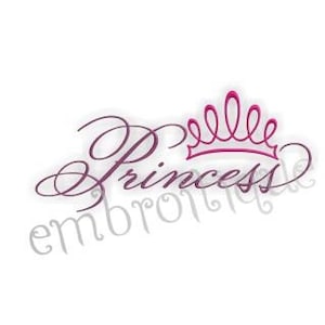 May include: A pink cursive word "Princess" with a pink crown above it.
