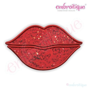 May include: Red sequined lips embroidery design. This design is perfect for adding a touch of glamour to any project.