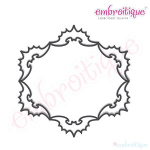 May include: Black and white outline of a decorative frame with a bat wing design. The frame is symmetrical and has a scalloped edge.