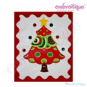 May include: A red and green Christmas tree with a yellow star on top. The tree is decorated with white polka dots and green swirls. There are red and green gems around the tree.