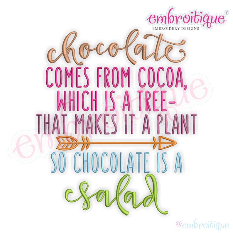 Chocolate is a Salad hilarious funny design Instant Download Machine Embroidery Design image 1