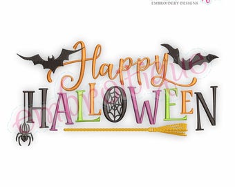 May include: Happy Halloween embroidery design featuring bats, a spider, a web, and a broom. The text is in a variety of colours, including orange, pink, green, and black.