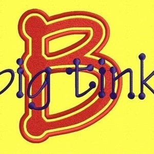 May include: A red and yellow embroidered design of the letter "B" with the word "big think" in blue cursive lettering.
