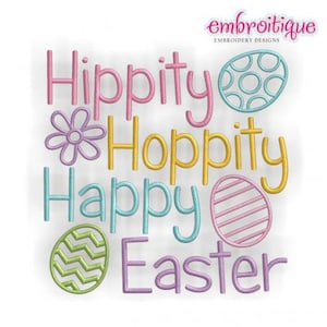 Może przedstawiać: Kolorowy haft z tekstem "Hippity Hoppity Happy Easter" i stylizowanymi jajkami wielkanocnymi. Tekst jest w zabawnym kroju pisma, a jajka są ozdobione różnymi wzorami.