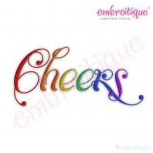 May include: Rainbow coloured embroidery design of the word "Cheers" in a cursive font.