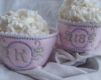 Cupcake Wrapper & Topper Princess Fairytale Monogram Birthday Party Wedding Anniversary Decorations Machine Embroidery Font Alphabet Letters