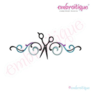 May include: A black scissor design with teal, purple, and black scrollwork. The image includes the text "embroitiique" in pink script. The design is suitable for embroidery or other craft projects.