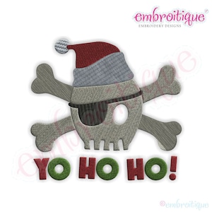 May include: Embroidered design featuring a skull with a Santa hat and an eye patch, crossed bones, and the text "YO HO HO!". The skull is gray, the hat is red and gray, and the text is red and green.