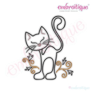 May include: A black and white line drawing of a cat with its tail curled up. The cat is standing on a bed of gold swirls.